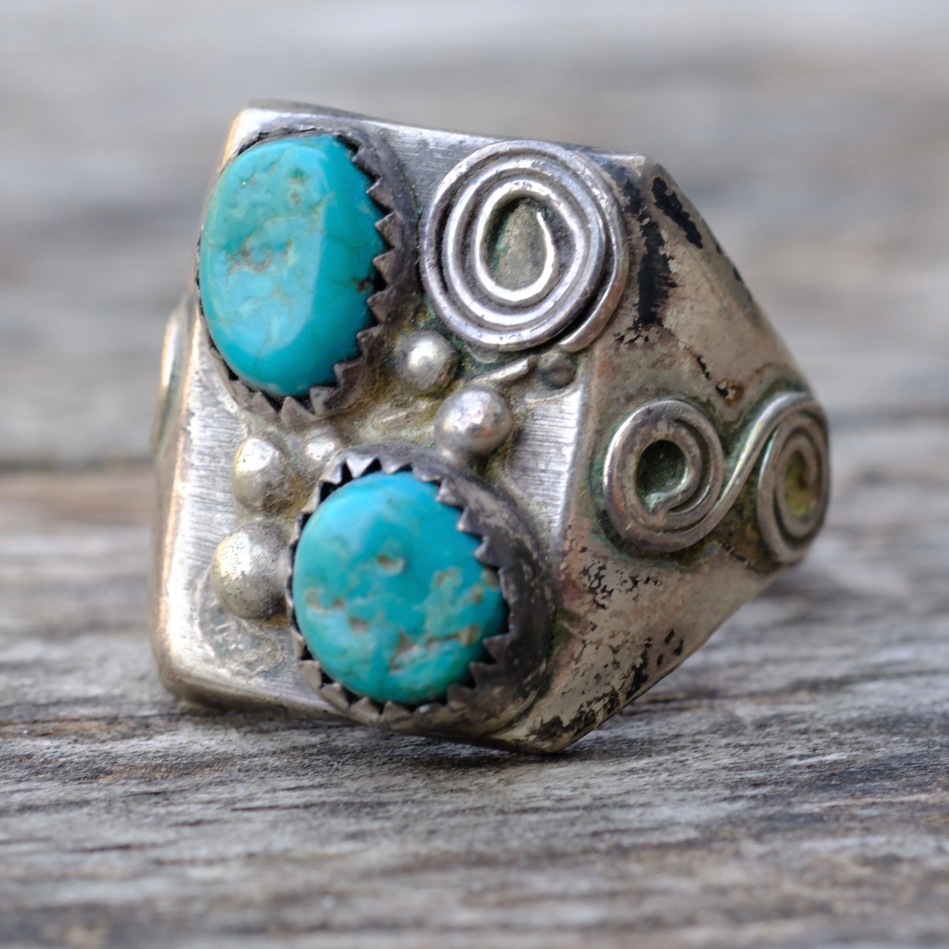 Vintage Sterling 2-Stone Turquoise Ring 10.5