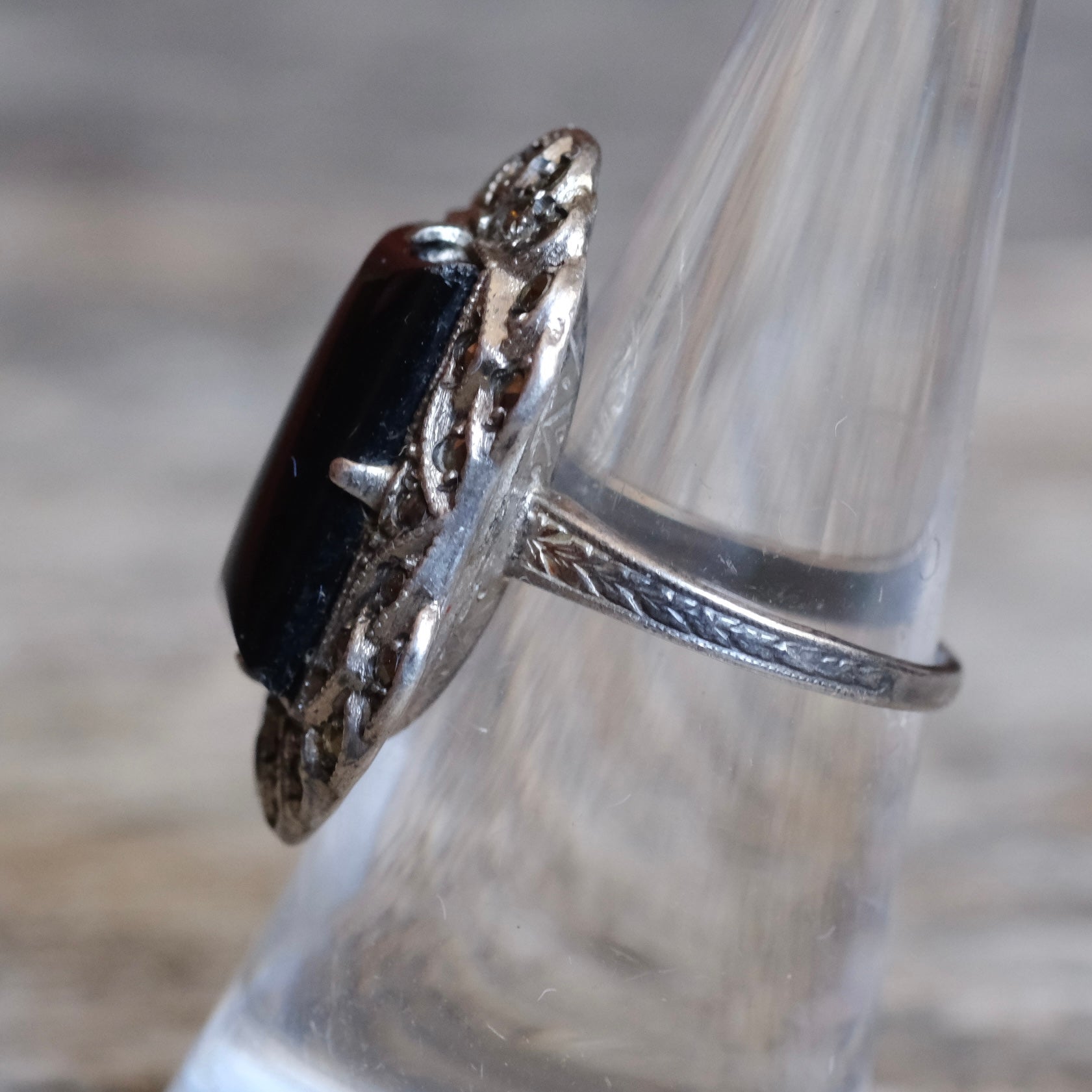 Vintage Sterling Onyx Marcasite Ring 6.75