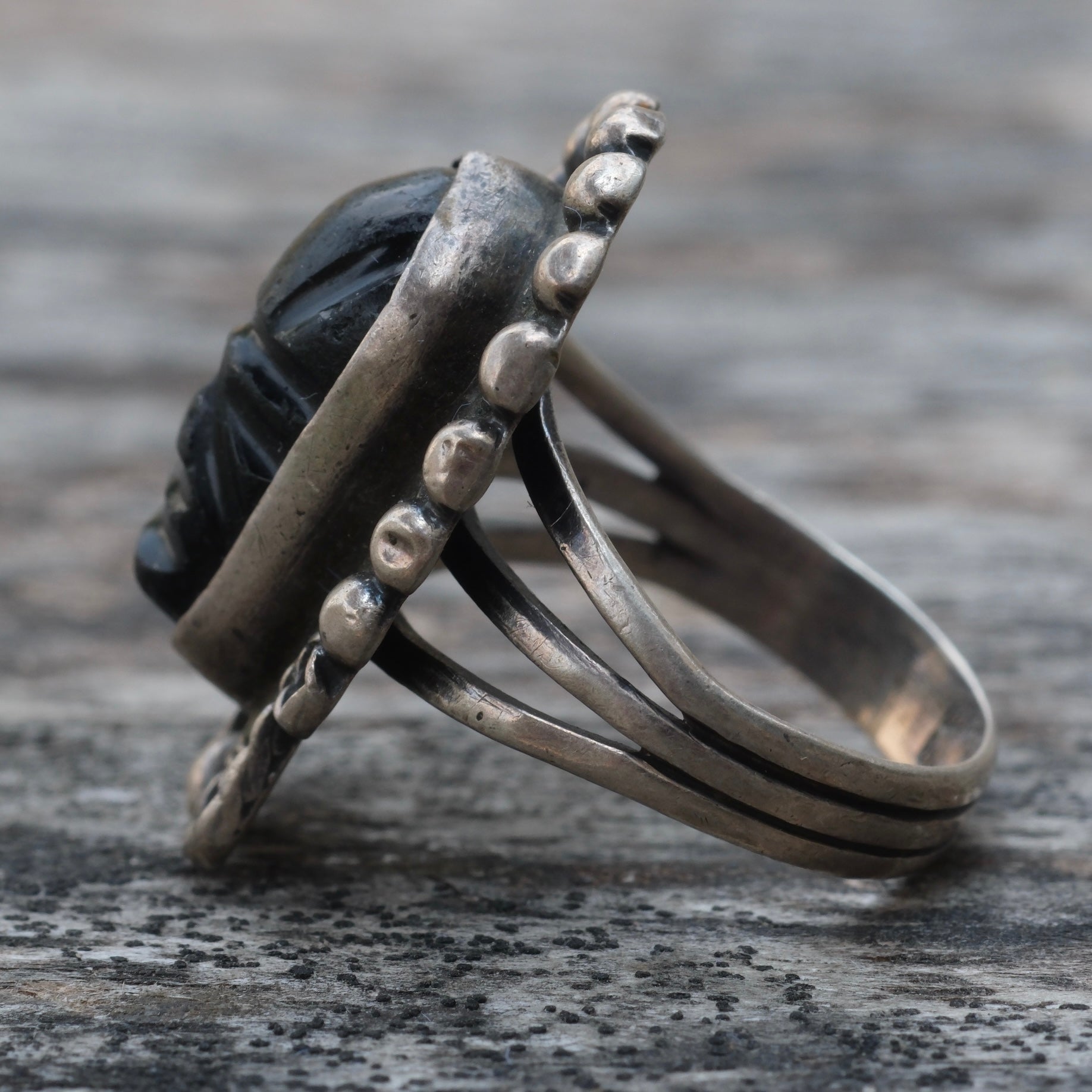 Vintage Sterling Carved Onyx Face Ring 5.5