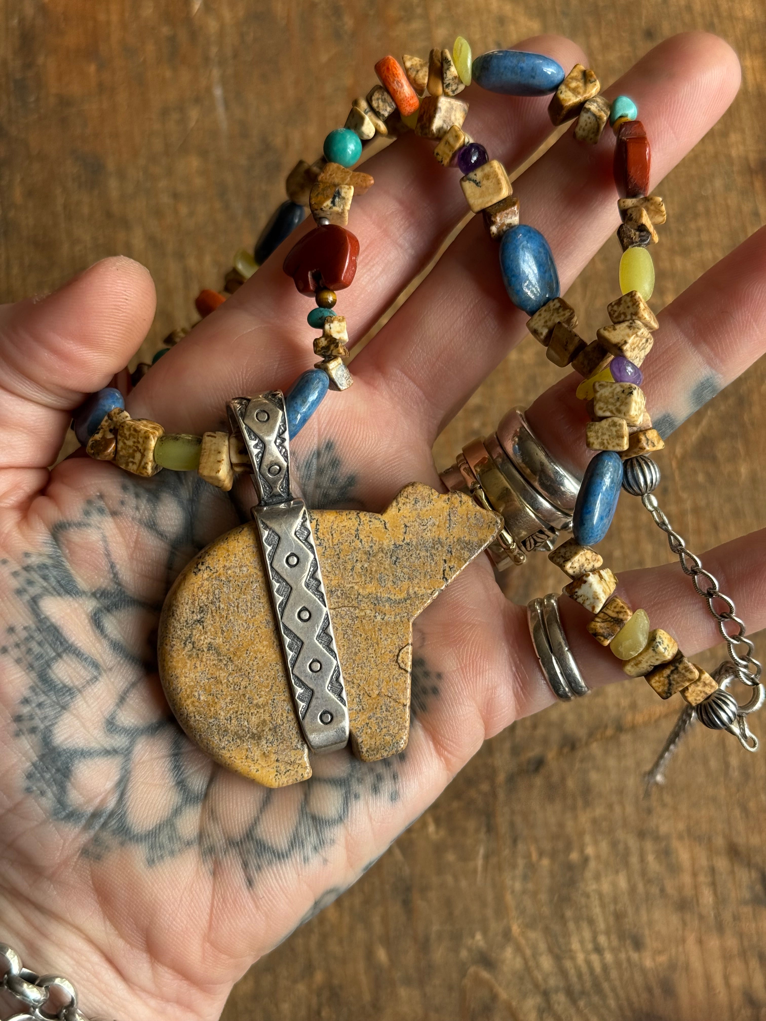 Vintage Mixed Stone Beaded Jasper & Sterling Bear Necklace