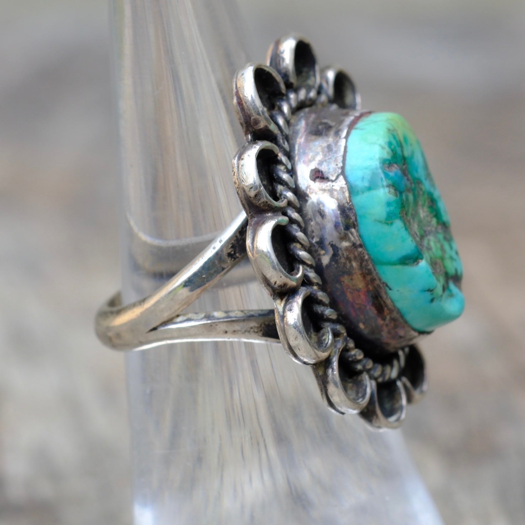 Vintage Sterling Turquoise Florette Ring 6