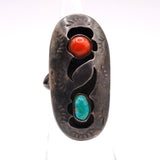 Vintage Sterling Turquoise and Coral Shadowbox Ring 3.75