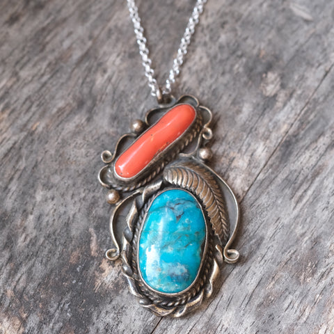 Vintage Sterling Turquoise and Coral Feather Necklace