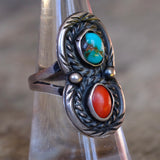 Vintage Sterling Turquoise and Coral Roper Ring 7