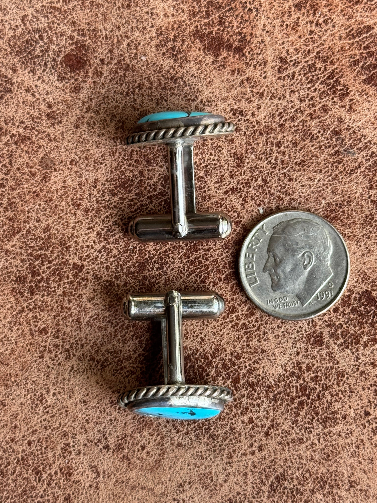 Vintage Sterling Silver Roped Turquoise Cufflinks