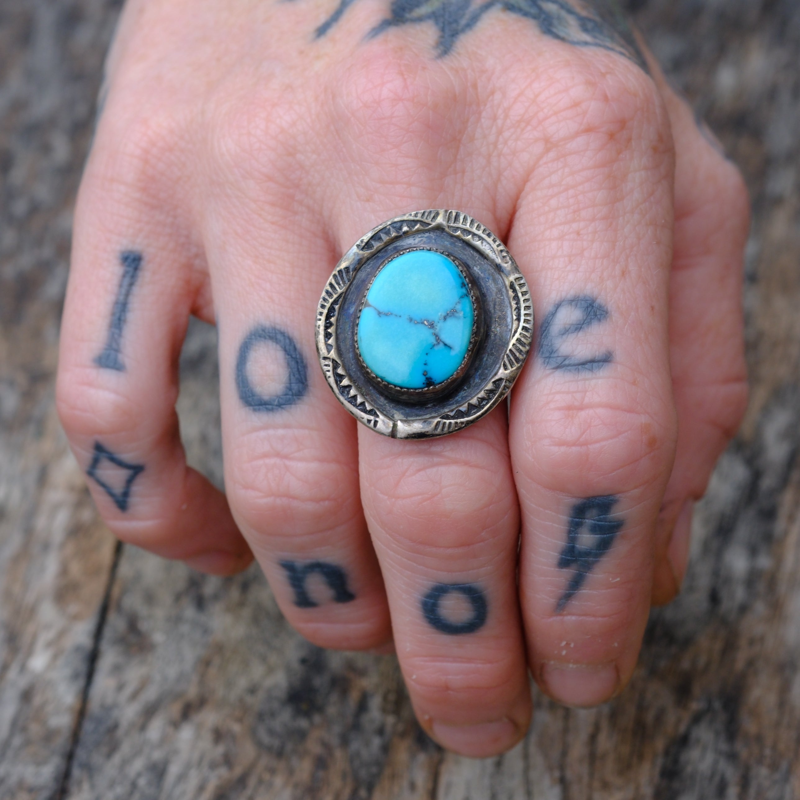 Vintage Sterling Turquoise Stamped Ring 7.5