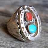 Vintage Sterling Turquoise and Coral Horseshoe Ring 7.25