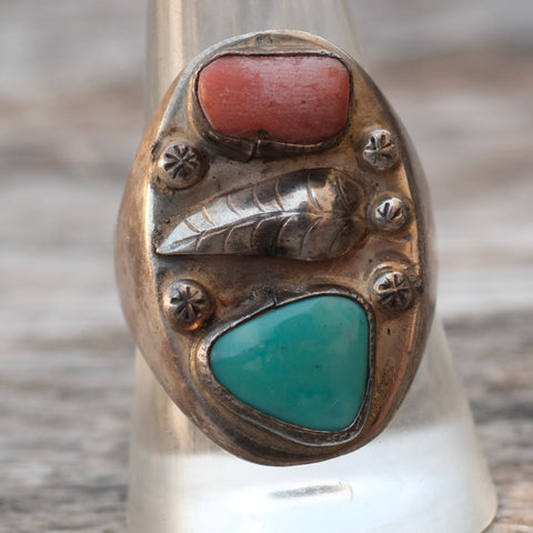 Vintage Sterling Turquoise and Coral Ring 10