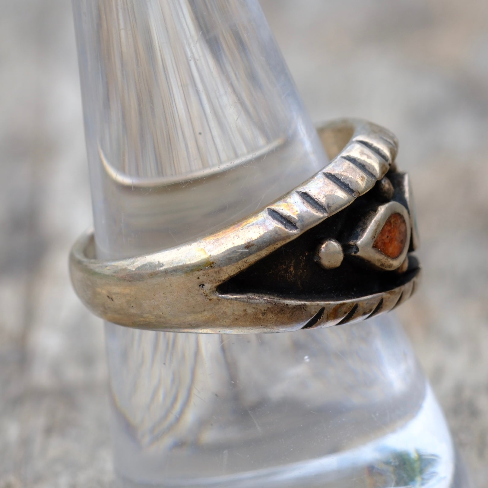 Vintage Sterling Crushed Turquoise and Coral Inlay Band Ring 9