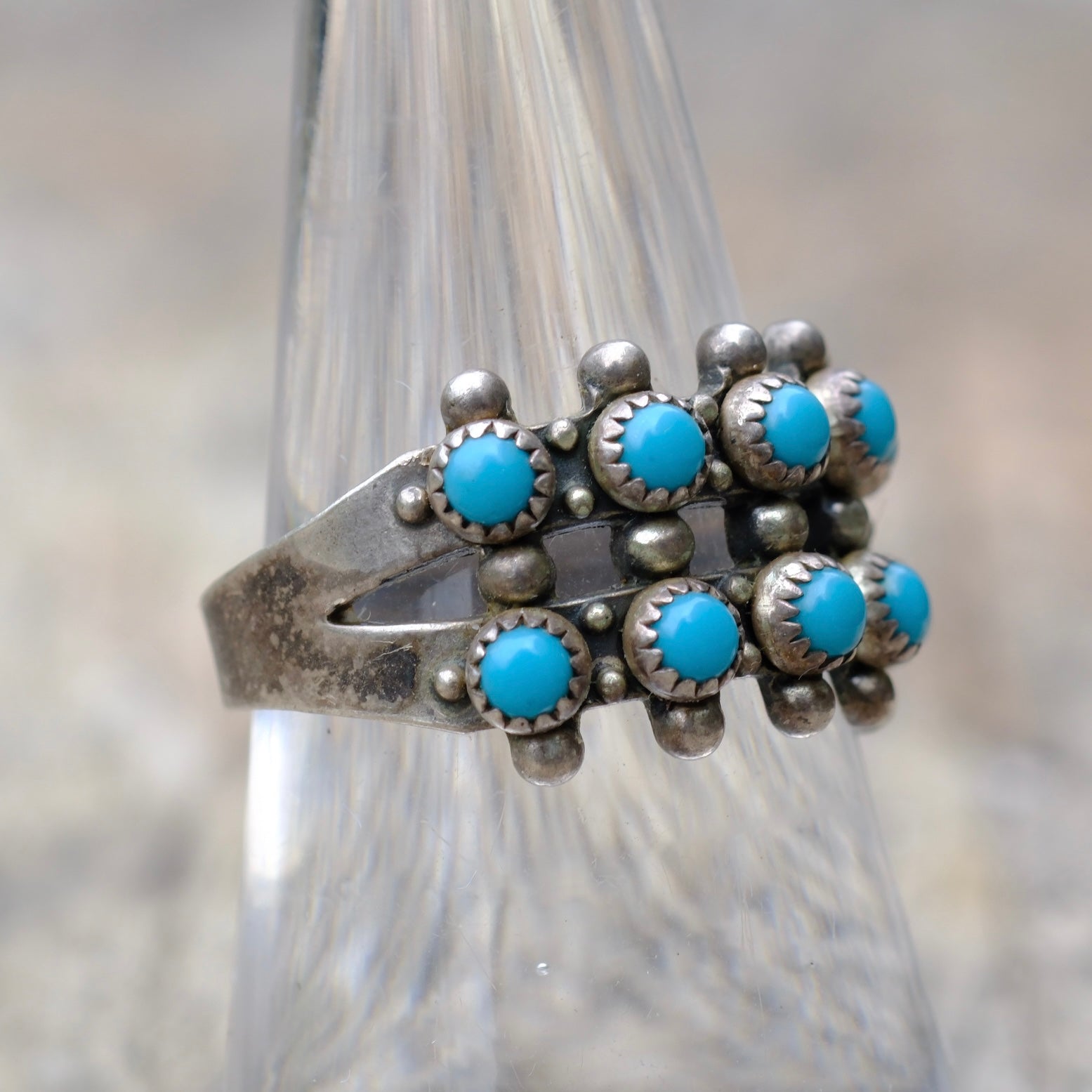 Vintage Sterling Snake Eye Turquoise Double Row Ring 7.75