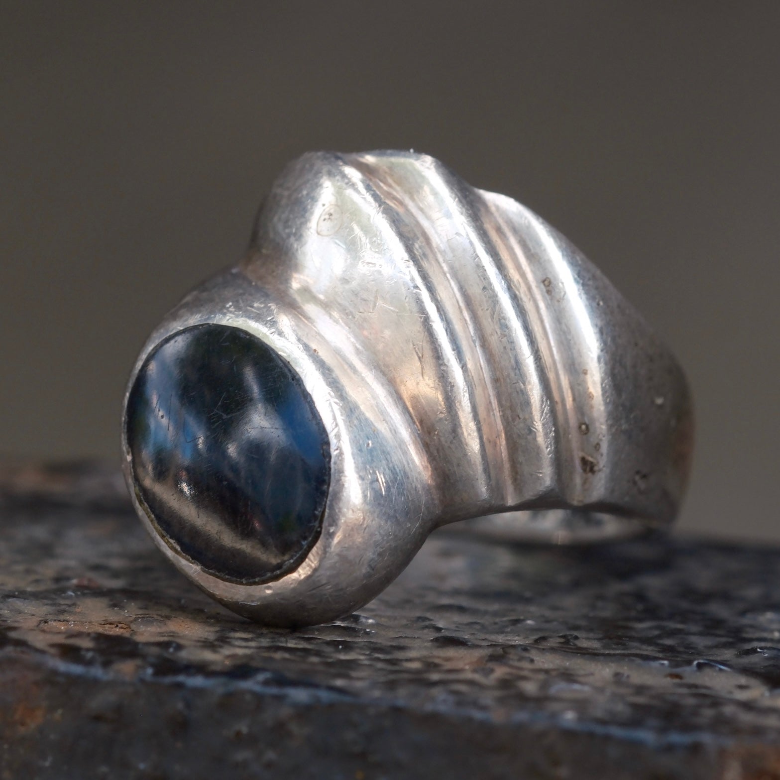 Vintage Sterling Onyx Modernist Ring 8.25