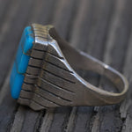 Vintage Sterling Turquoise Inlay Ribbed Band Ring 11