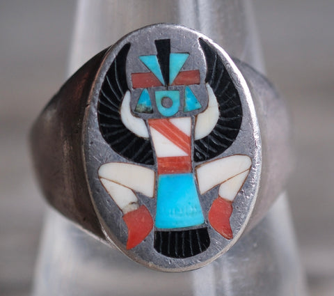 Vintage Sterling Inlay Zuni Knifewinged Dancer Ring 9.75