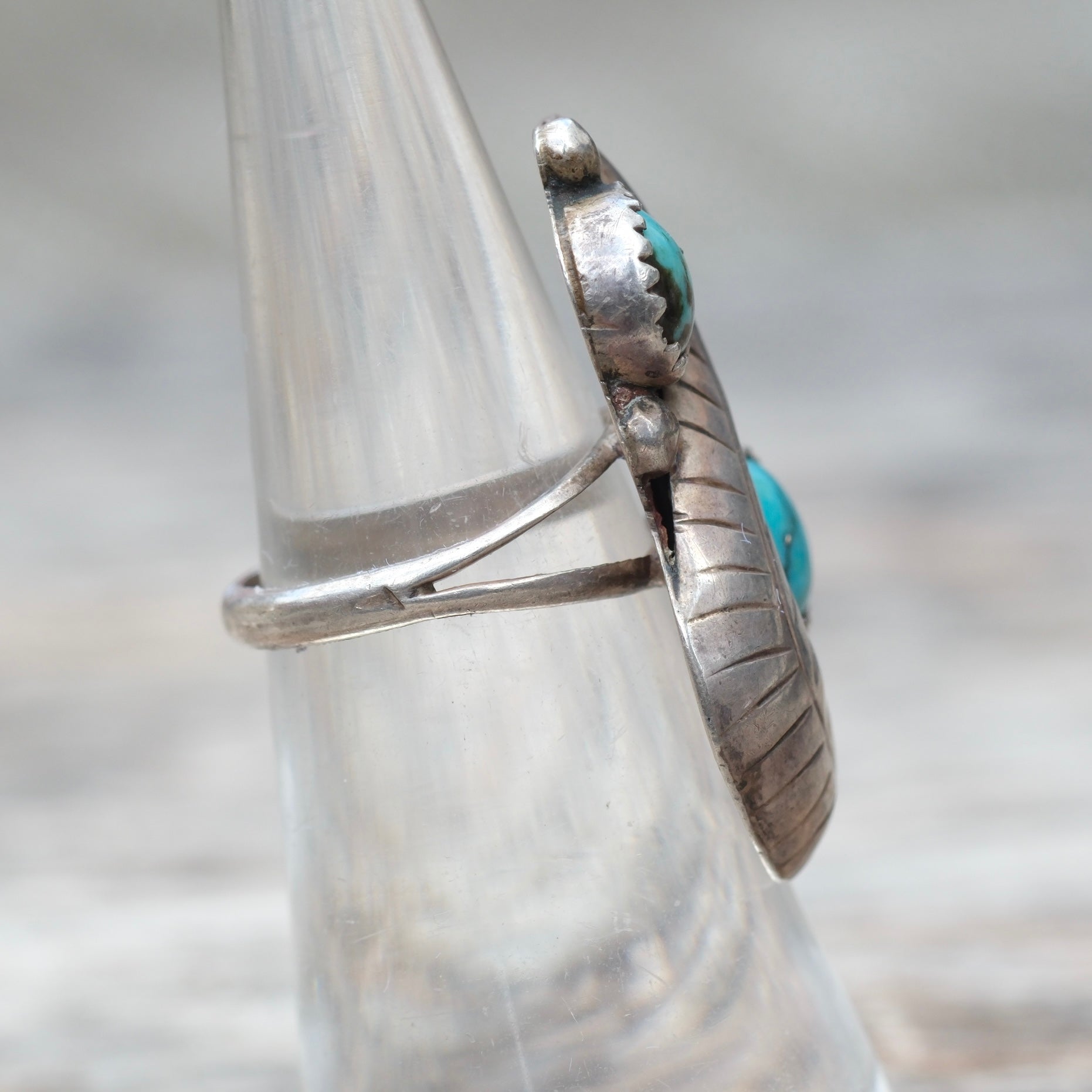Vintage Sterling 2-Stone Turquoise Feather Ring 5