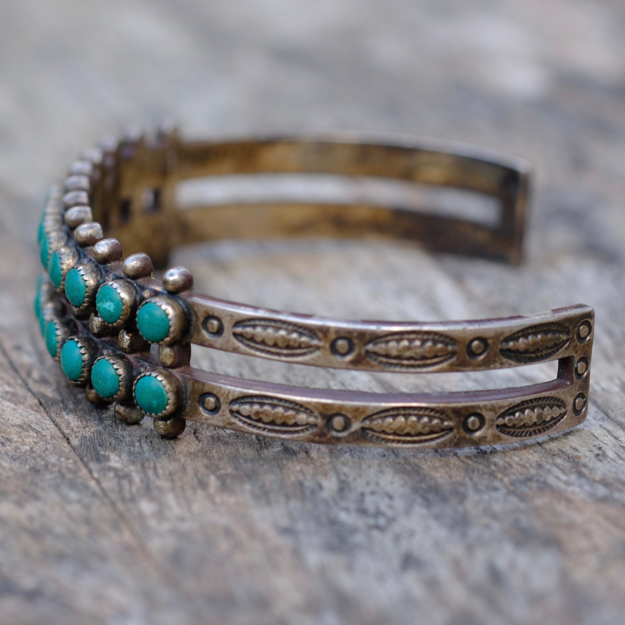 Vintage Sterling Snake Eye Turquoise Double Row Stamped Cuff Bracelet