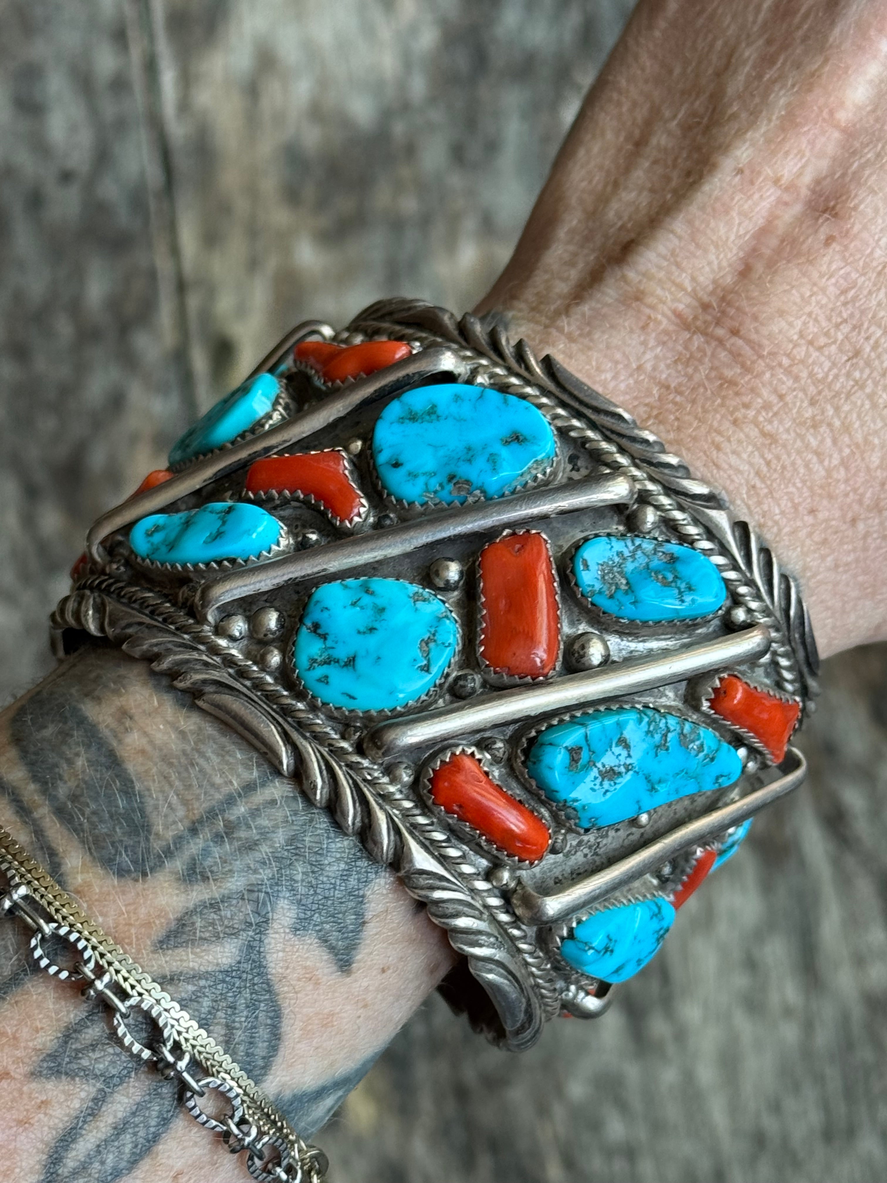 Vintage Sterling Silver Heavy Turquoise & Coral Roped Bar Cuff