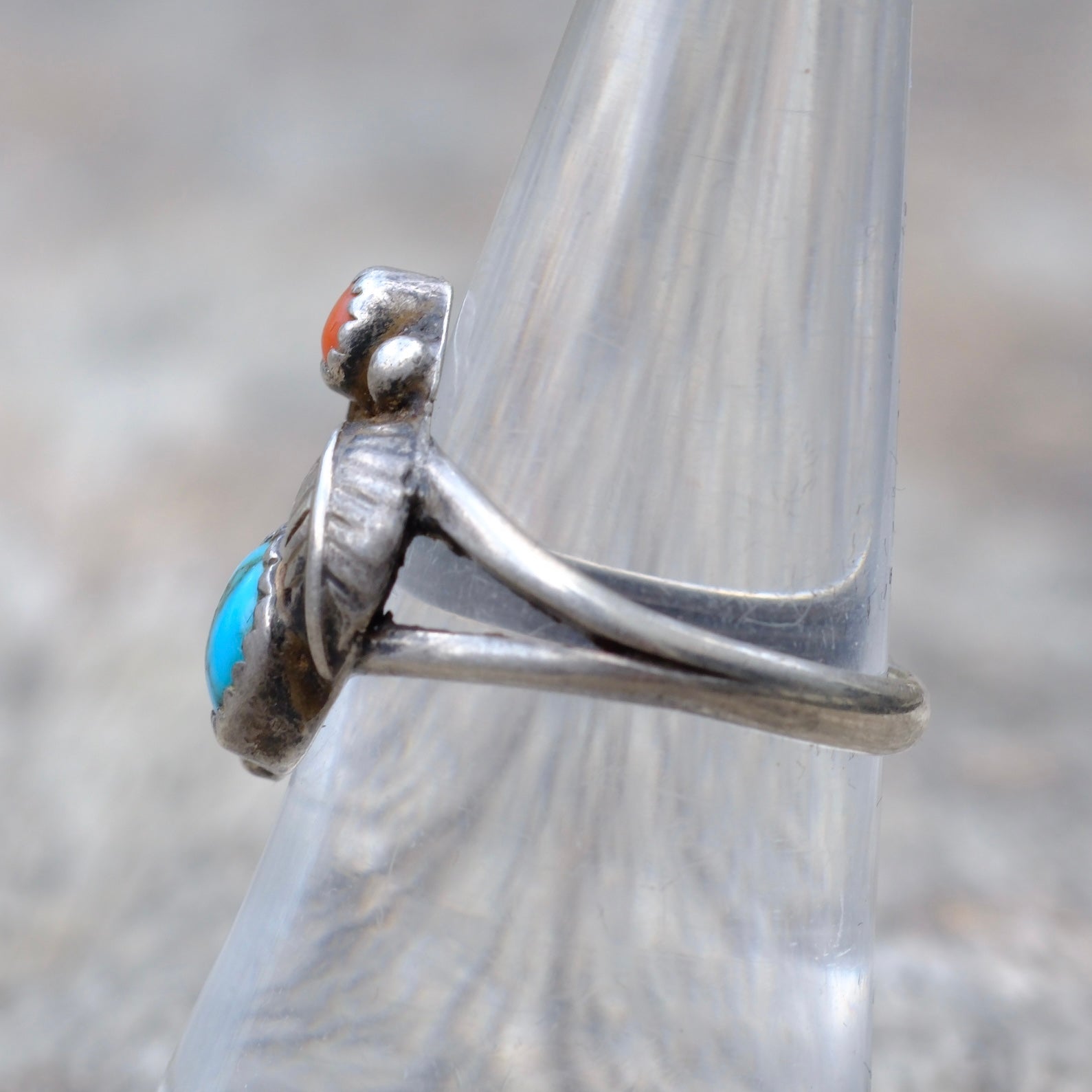 Vintage Sterling Silver Turquoise & Coral Feather Ring 7.5