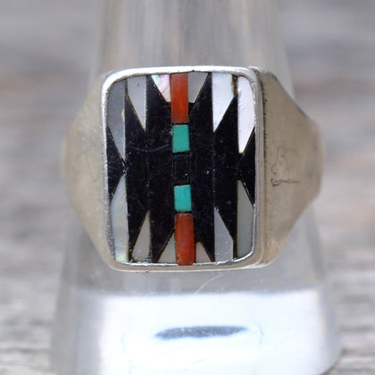 Vintage Sterling Zuni Inlay Dishta Ring 11