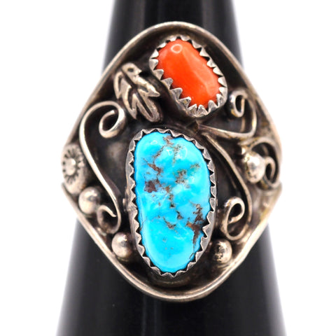 Vintage Sterling Turquoise and Coral Ring 8.5