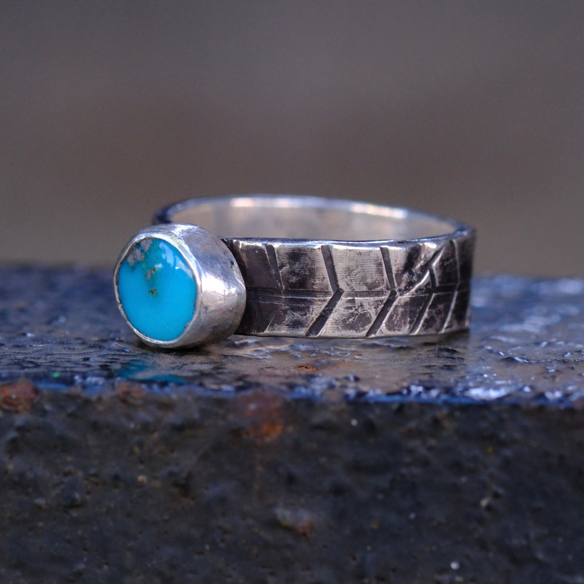 Sterling Silver Lone Mountain Turquoise Stamped Band Ring 6