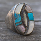 Vintage Sterling Turquoise Mother Of Pearl Ring 10.25