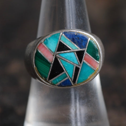 Vintage Sterling Multi Inlay Mosaic Ring 7.75