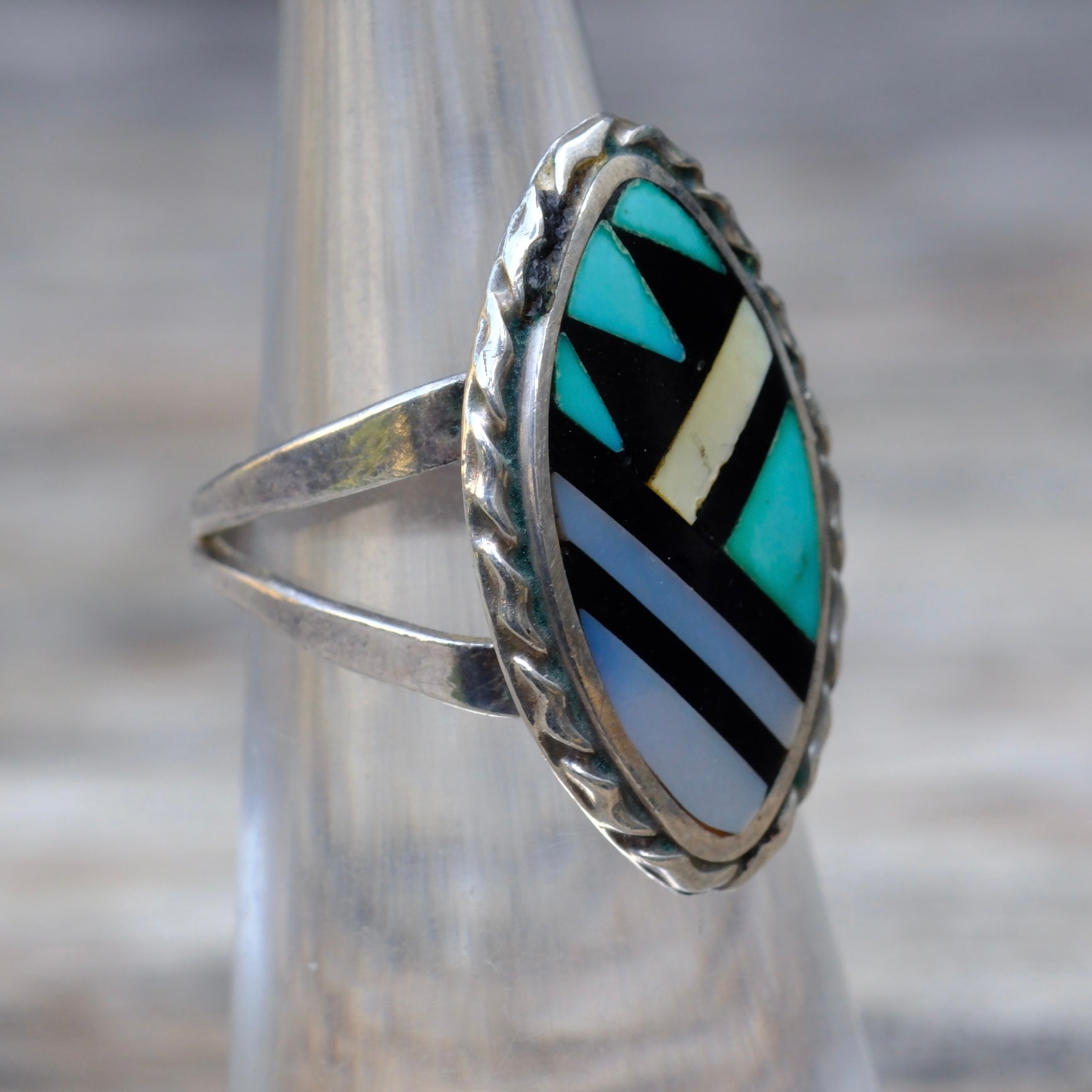 Vintage Sterling Zuni Inlay Ring 5.25