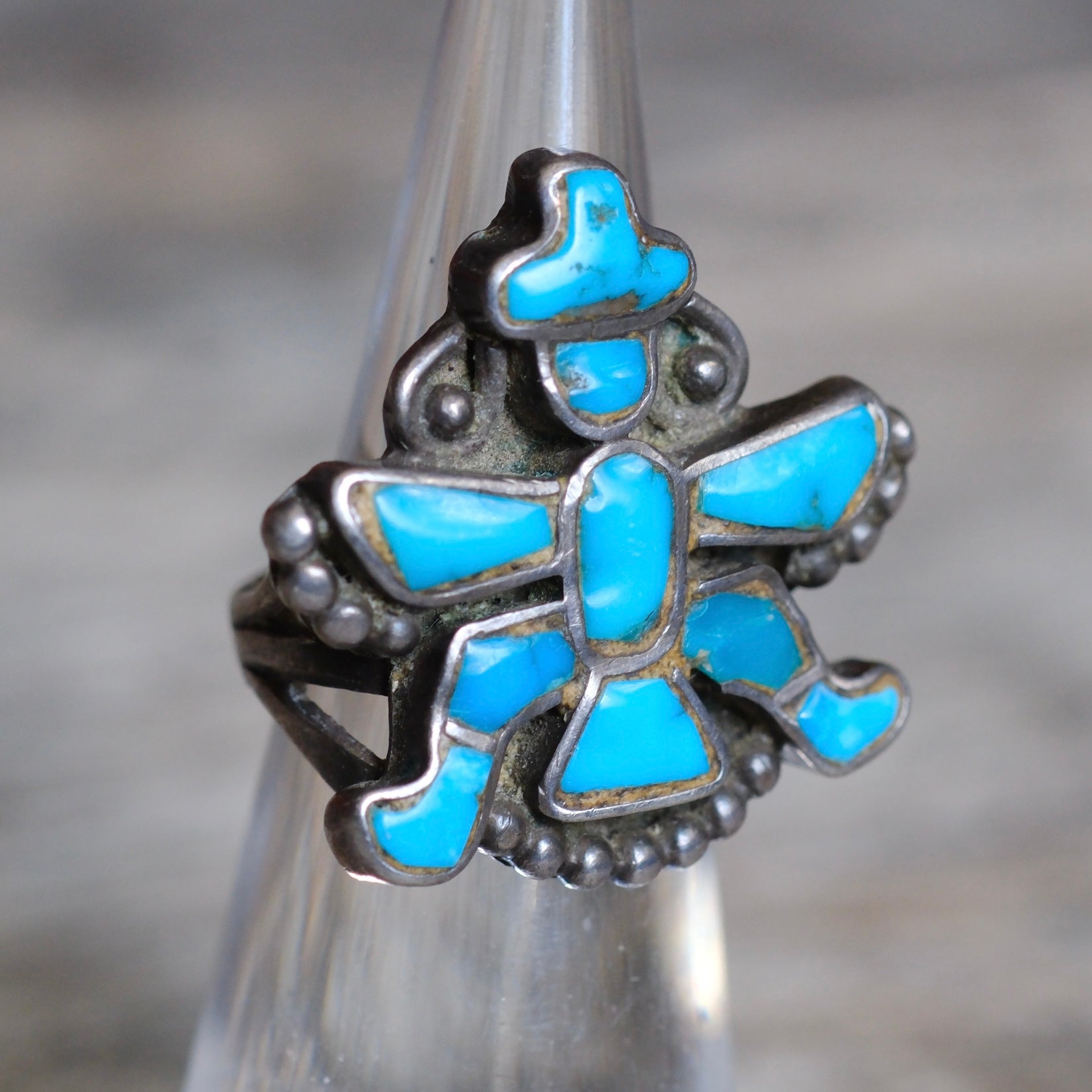 Vintage Sterling Turquoise Kachina Inlay Ring 2.75