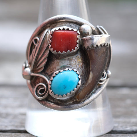 Vintage Sterling Turquoise and Coral Claw Ring 11