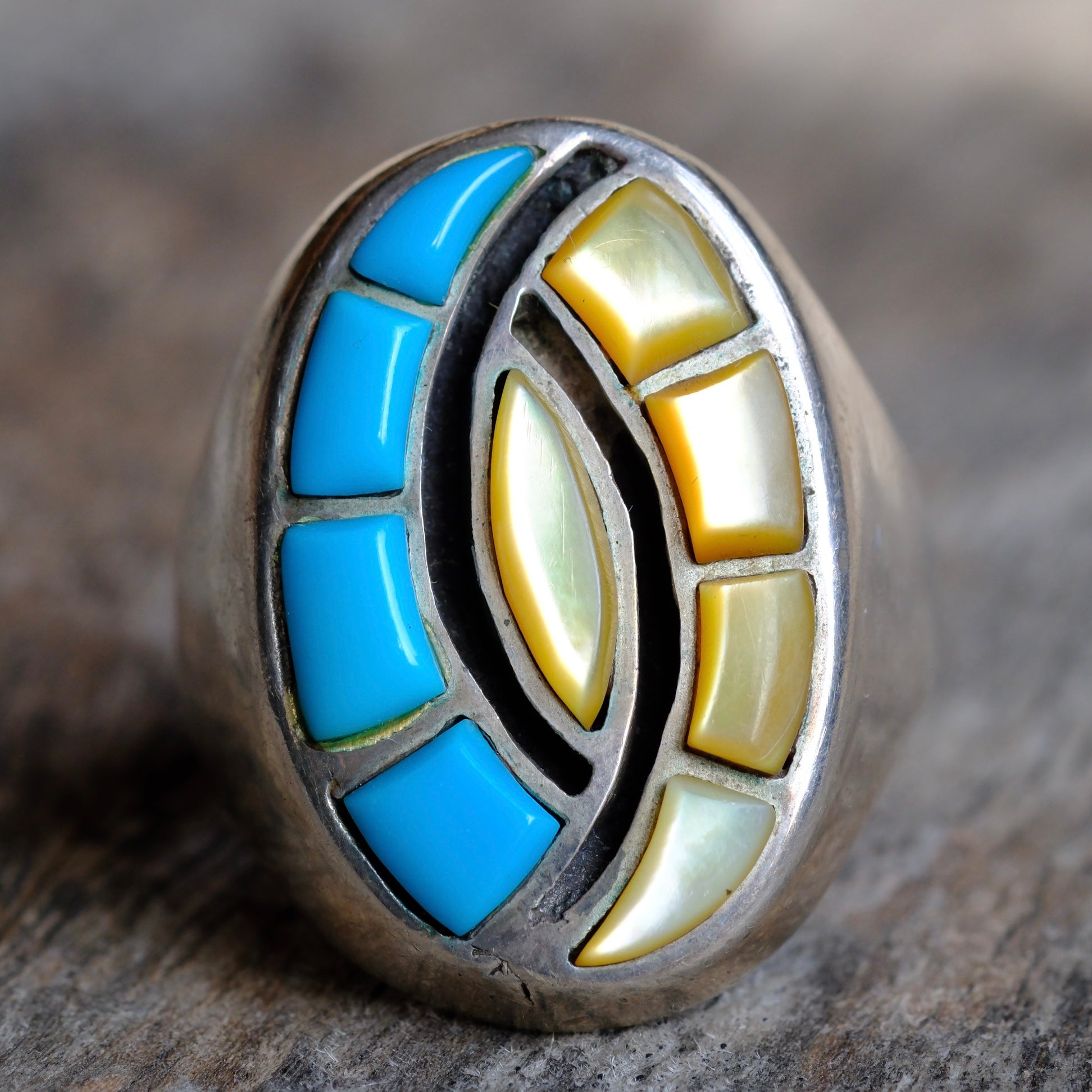 Vintage Sterling Turquoise and Mother Of Pearl Inlay Hummingbird Ring 10.75