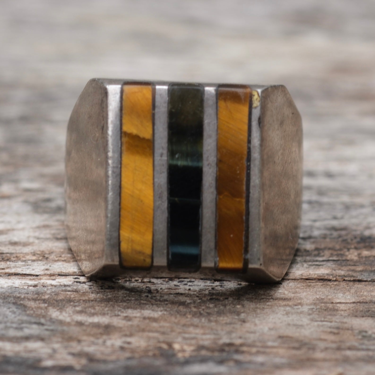 Vintage Sterling Tigers Eye Inlay Striper Ring 9.5