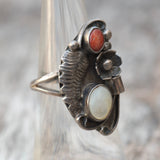 Vintage Sterling Mother Of Pearl and Coral Feather Ring 5.5