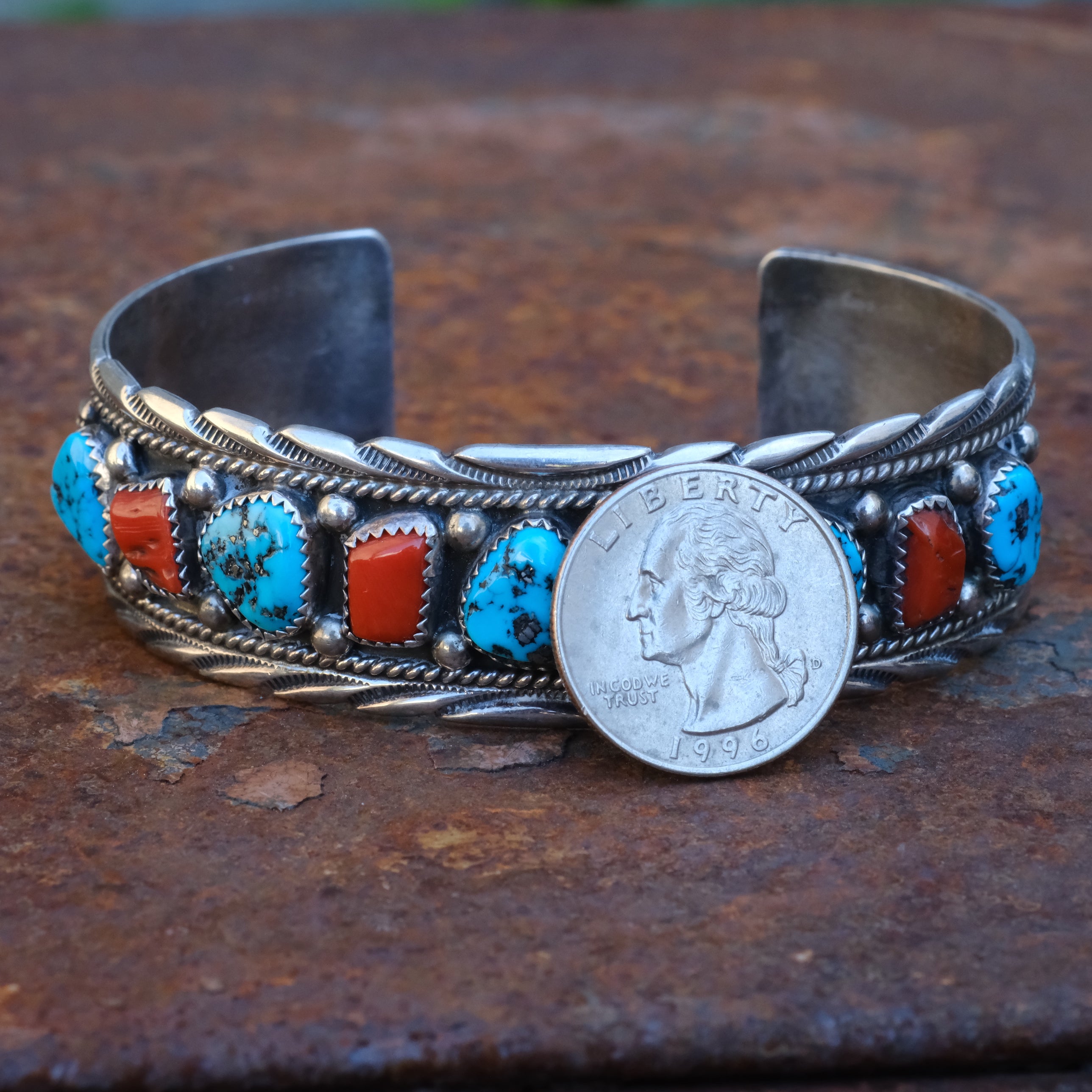 Large Vintage Sterling Turquoise and Coral Cuff Bracelet