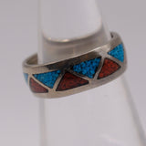 Vintage Sterling Crushed Turquoise and Coral Band Ring 5