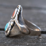 Vintage Sterling Turquoise and Coral Snake Ring 7.25