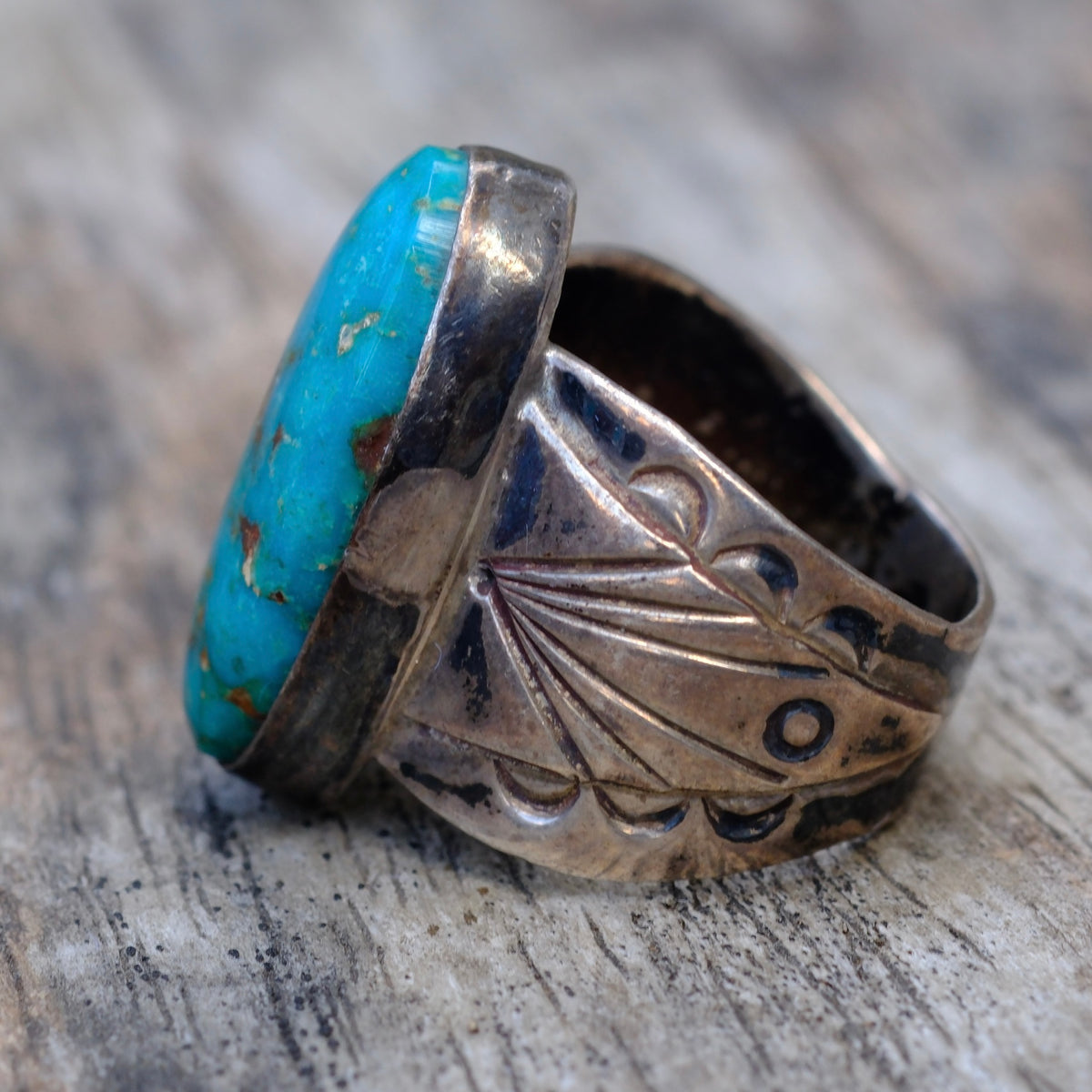 Vintage Sterling Turquoise Stamped Band Ring 5