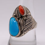 Vintage Sterling Turquoise and Coral Feather Ring 9.25