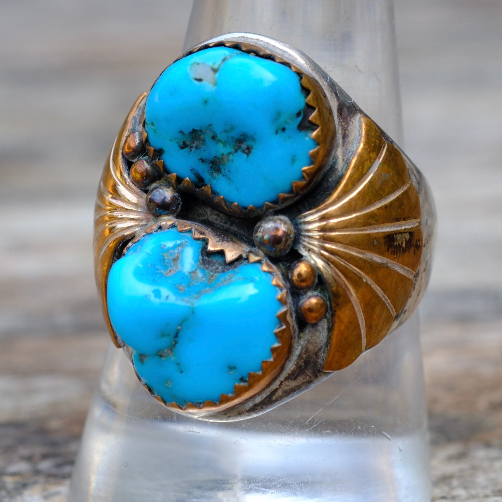 Vintage Sterling and Copper 2-Stone Turquoise Ring 10