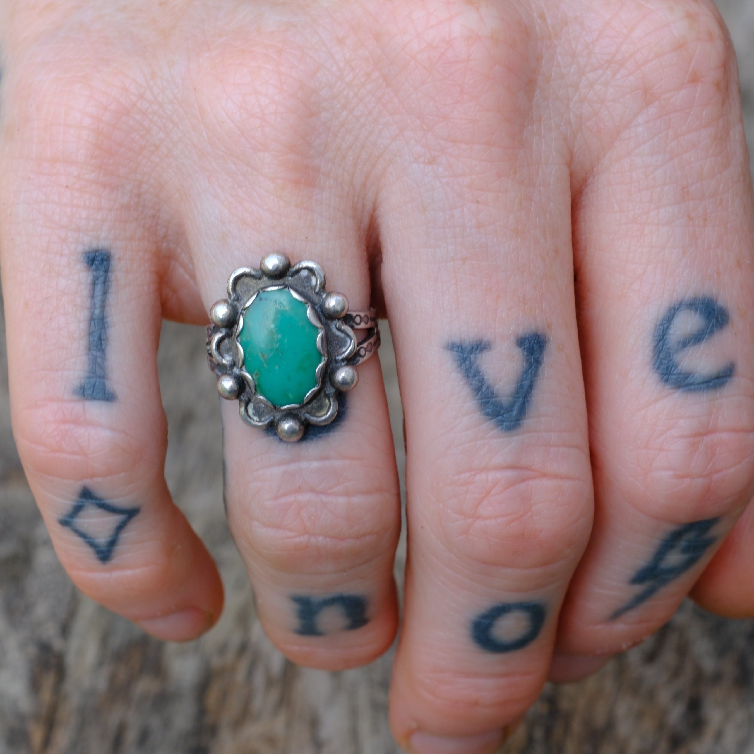 Vintage Sterling Turquoise Stamped Band Ring 5