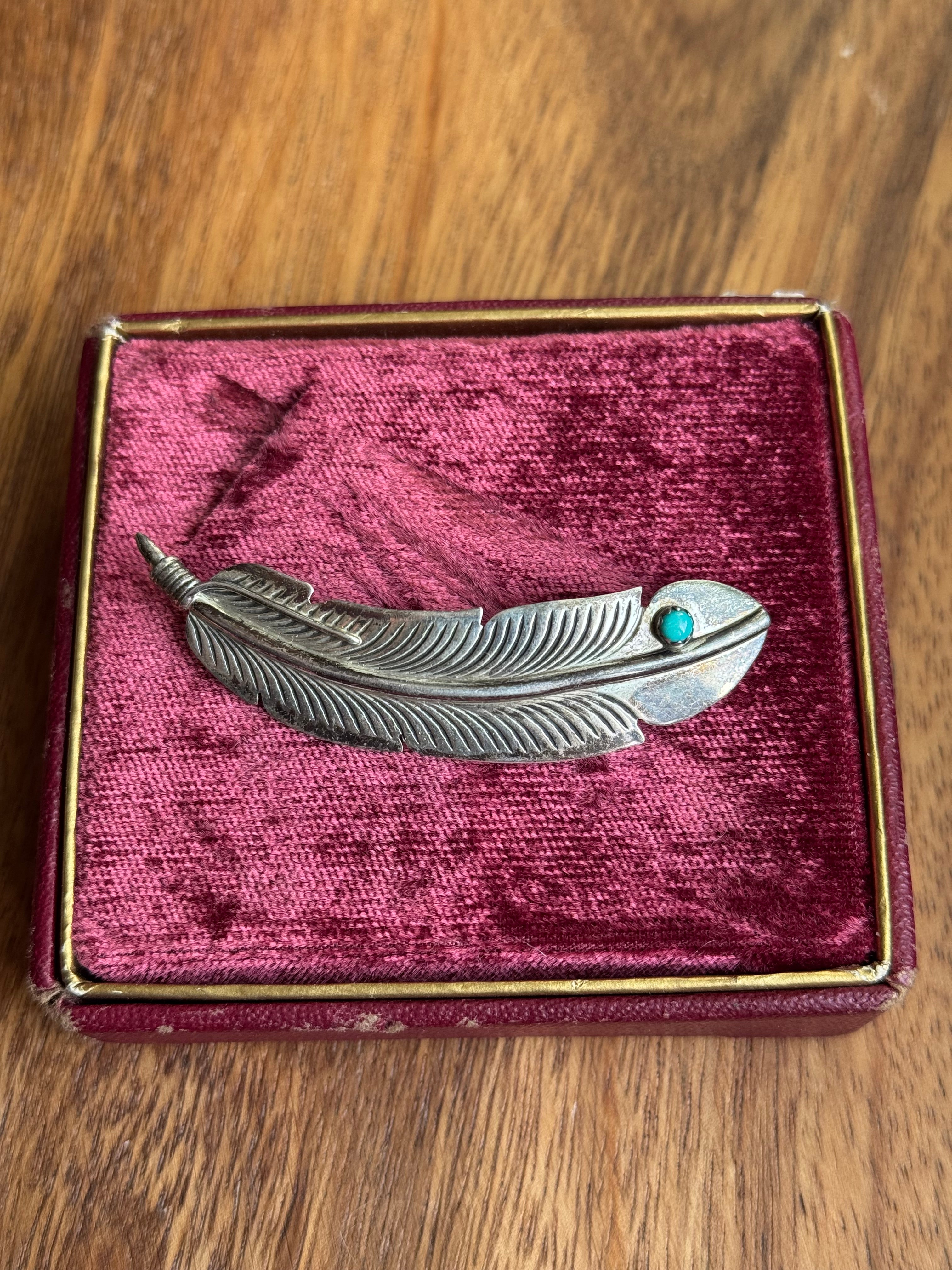 Vintage Sterling Silver Turquoise Feather Pin