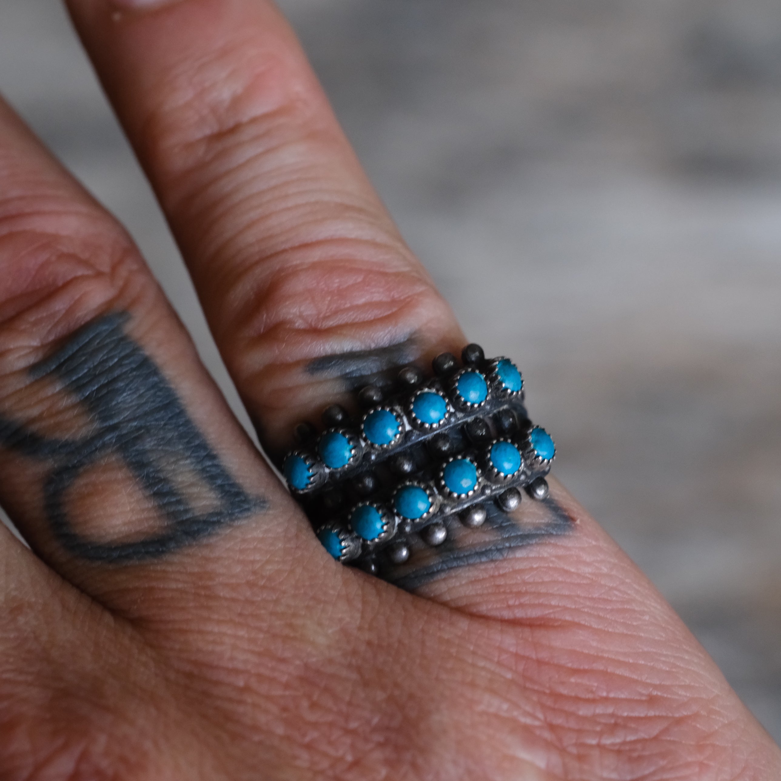 Vintage Sterling Snake Eye Turquoise Double Row Ring 6.25