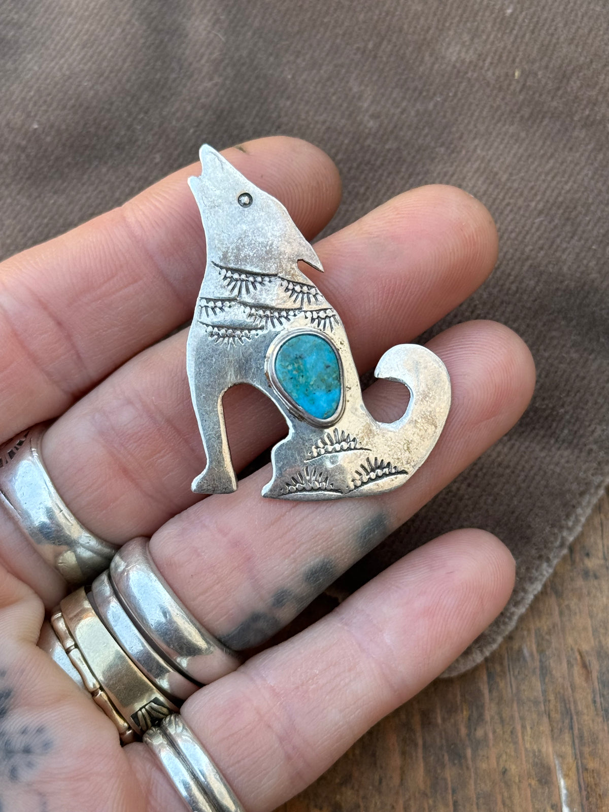 Vintage Sterling Silver Turquoise Coyote Pin Pendant