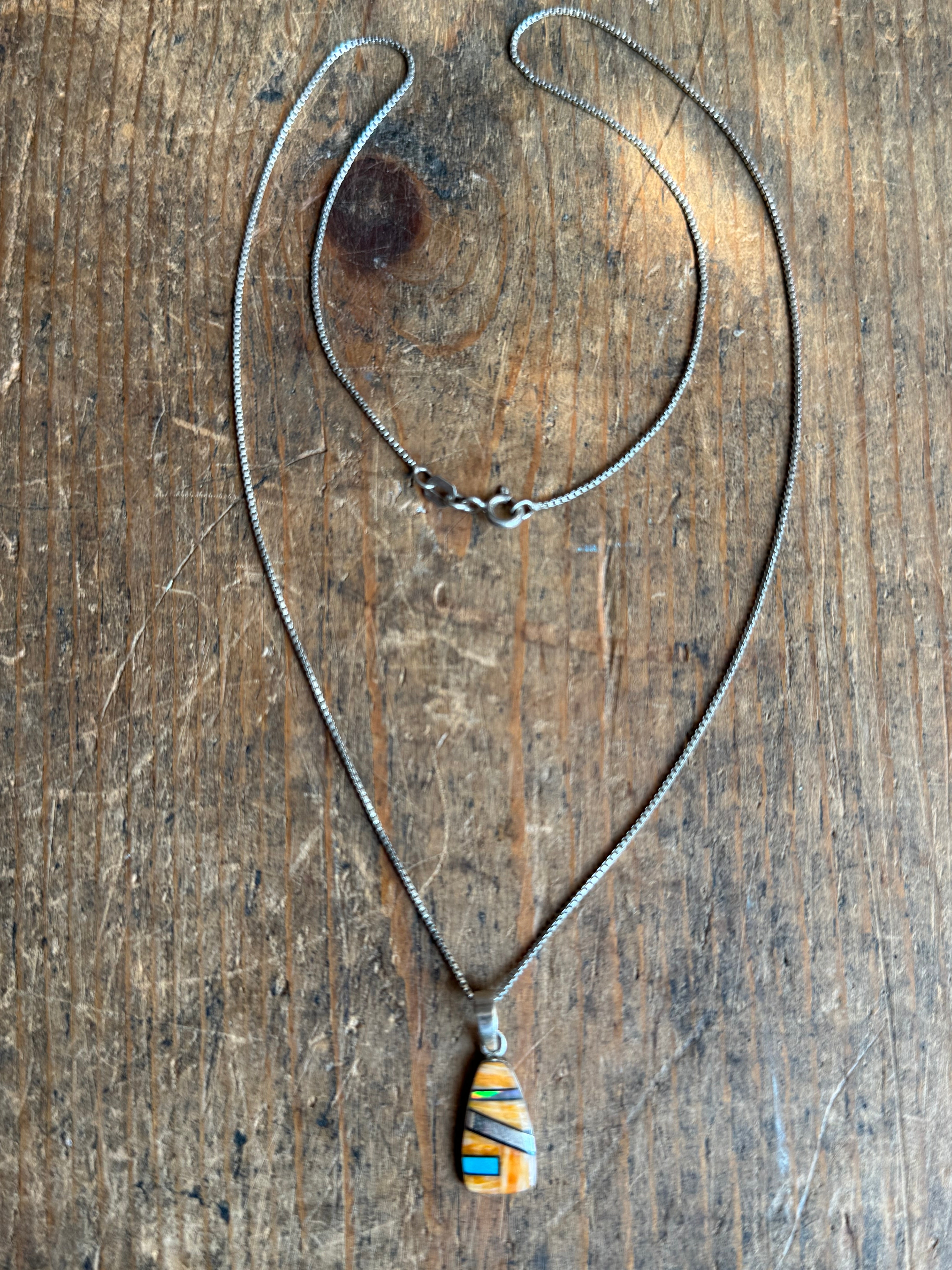 Vintage Sterling Silver Multistone Inlay Shield 18" Necklace