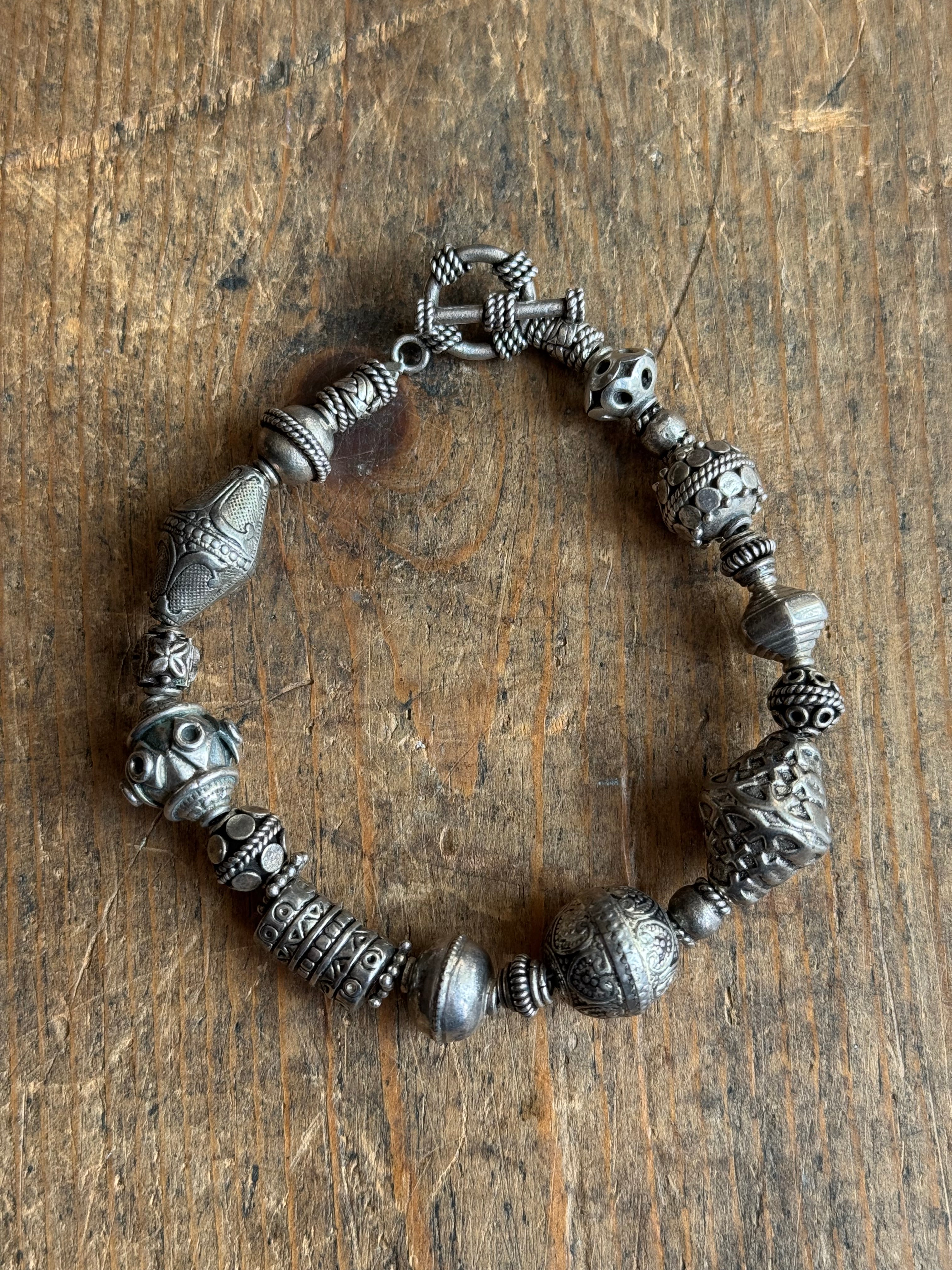 Vintage Sterling Silver 9” Tribal Bead Toggle Bracelet