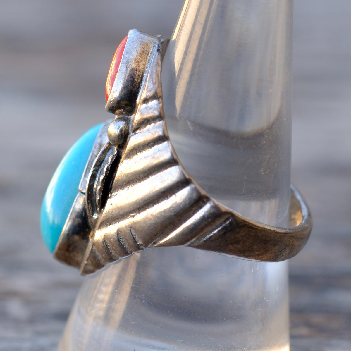 Vintage Sterling Turquoise and Coral Feather Ring 9.25