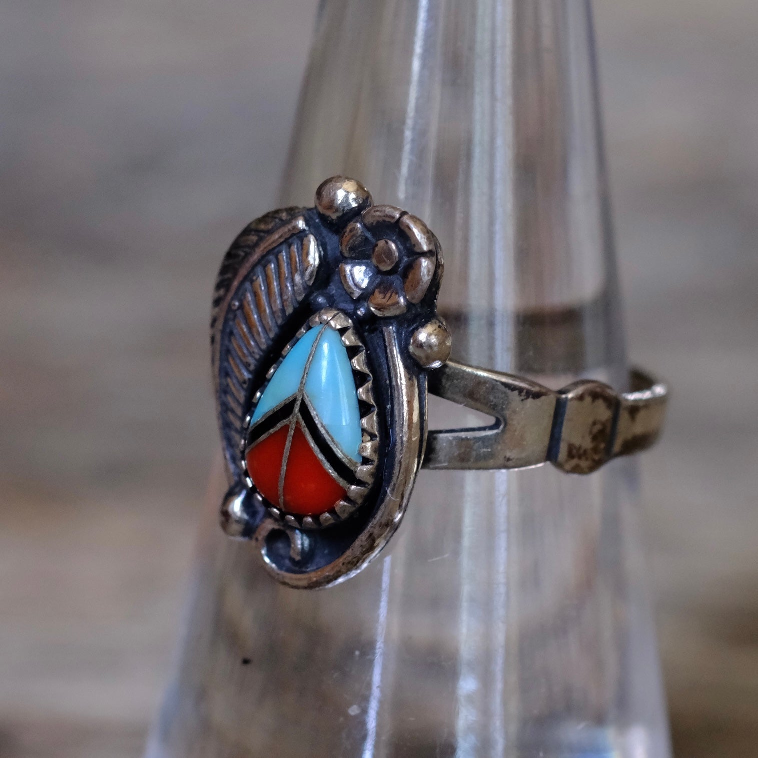 Vintage Sterling Inlay Feather Ring 6.25