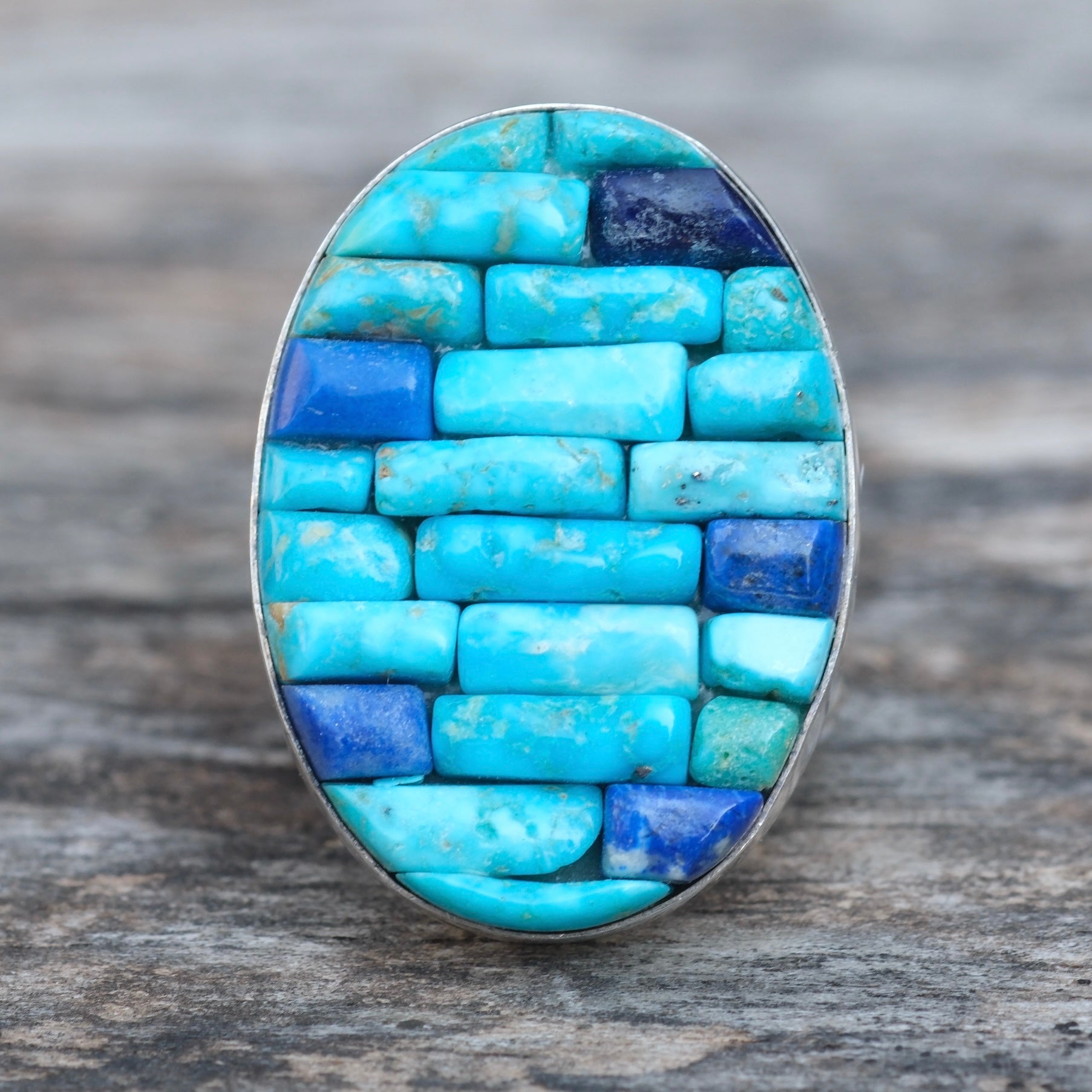 Vintage Sterling Turquoise Inlay Row Ring 8