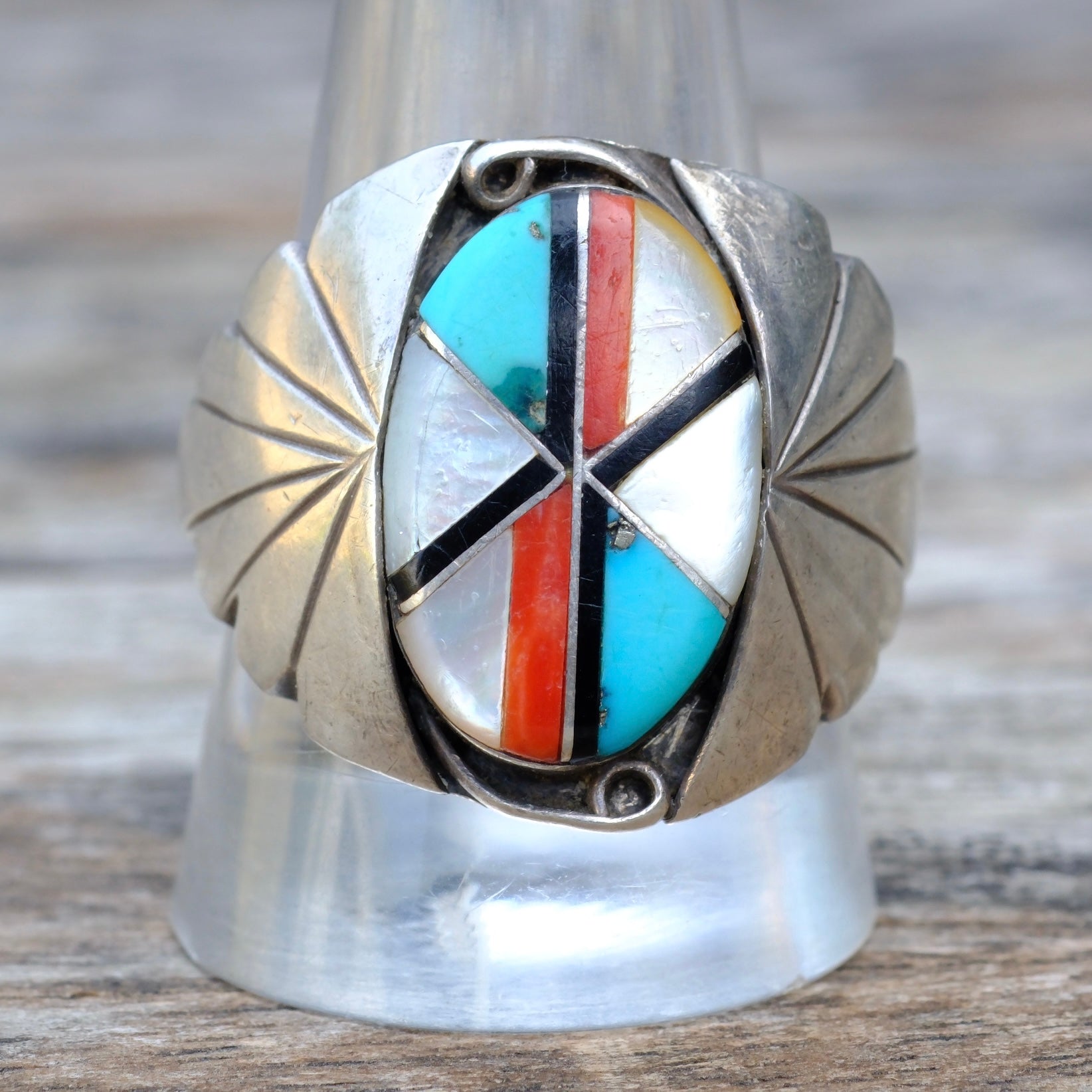 Vintage Sterling Zuni Inlay Ring 11.75