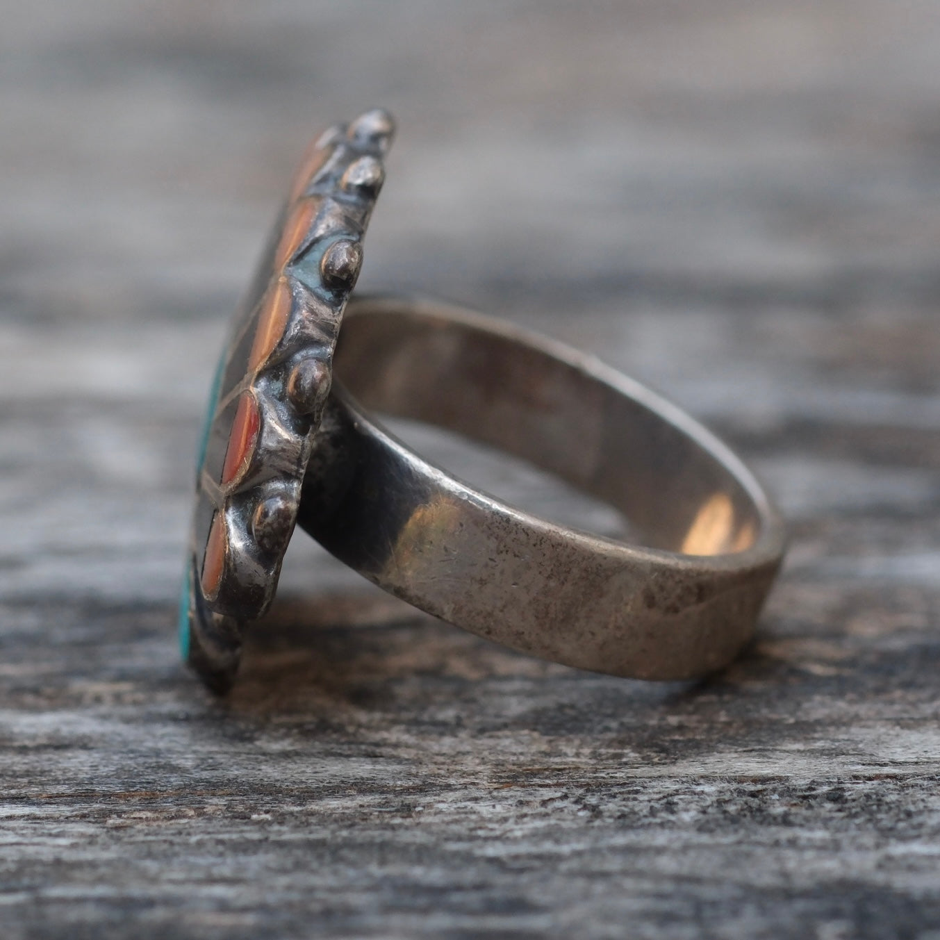 Older Vintage Sterling Multistone Inlay Headdress Ring 3.75