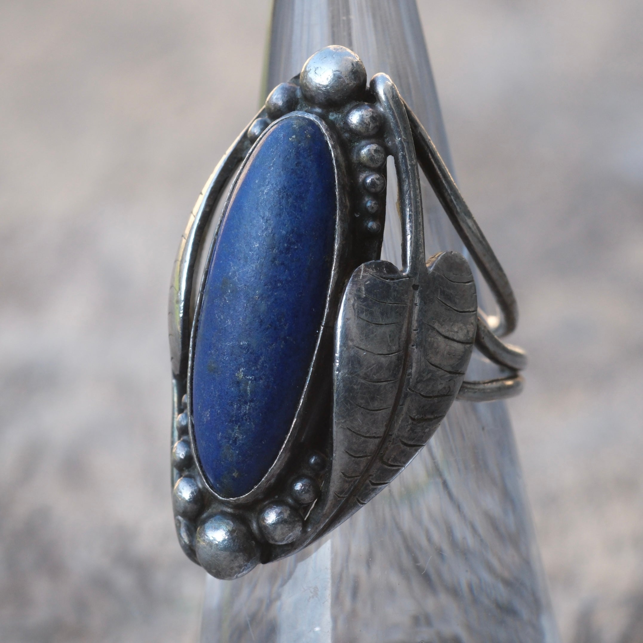 Vintage Sterling Lapis Feather Ring 5.25